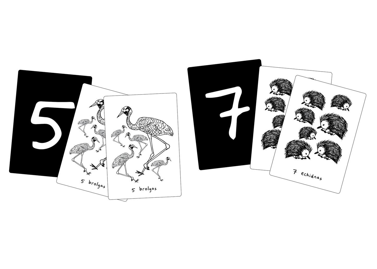 A picture showing six cards from the Animal Matching Game including 2 number cards with the numbers 5 and 7, two cards with 5 brolgas, and 2 cards with 7 echidnas