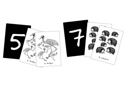 A picture showing six cards from the Animal Matching Game including 2 number cards with the numbers 5 and 7, two cards with 5 brolgas, and 2 cards with 7 echidnas
